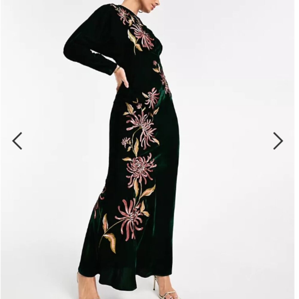 ASOS DESIGN Modesty velvet batwing bias maxi dress with floral embroidery in for